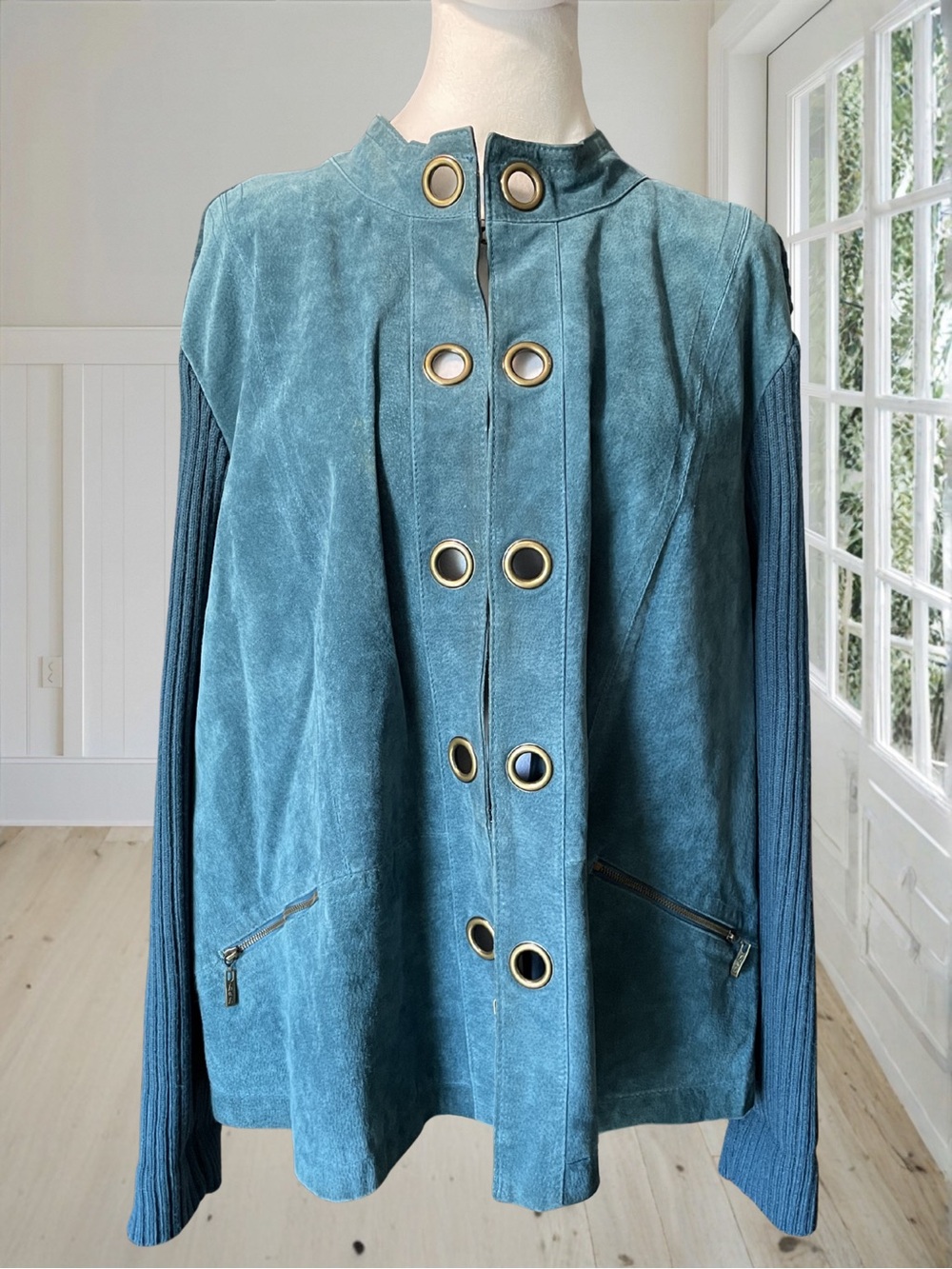 LIVE A LITTLE Women's Teal Suede Leather Ribbed Knit Grommet Jacket Sweater 2X - Picture 2 of 15
